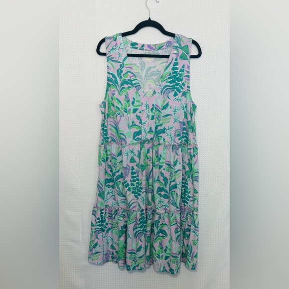 Lilly Pulitzer Lorina Purple Iris Print Cotton Swing Ruffle Tier V-Neck Dress XL - Picture 4 of 9